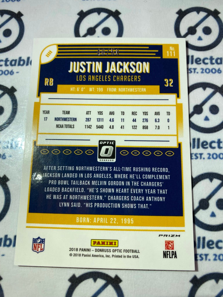 2018 NFL Donruss Optic Justin Jackson Purple Holo Prizm #111 RC Chargers