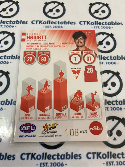 2020 AFL Prestige Red Parallel #171 George Hewett  #108/170 Swans
