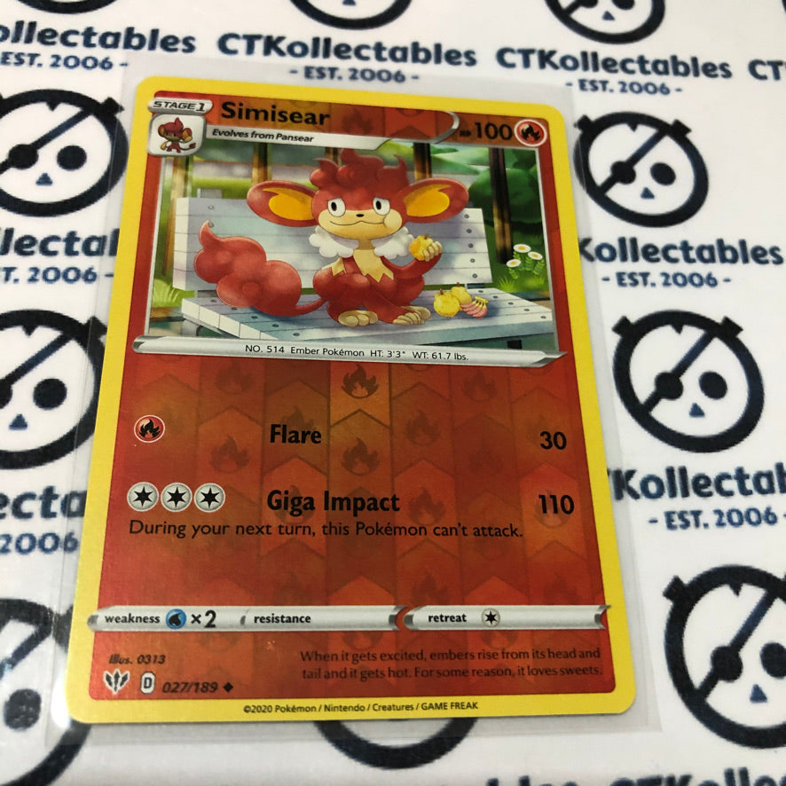 Simisear #027/189 Reverse Holo Uncommon Pokémon Card S & S Darkness Ablaze