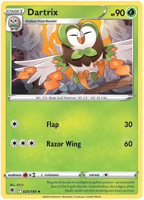 Dartrix Base Card #020/189 2022 Sword & Shield Astral Radiance Pokemon Card