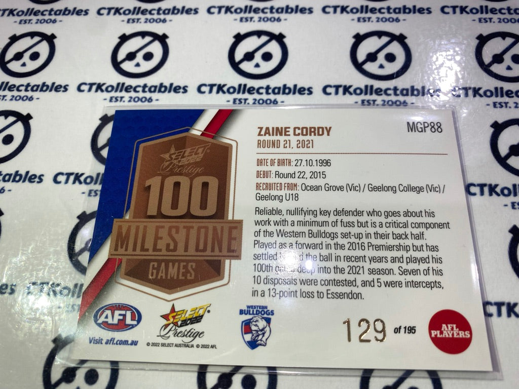 2022 AFL Prestige Milestone 100 games Zaine Cordy #129/195 Bulldogs
