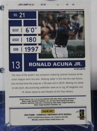 2020 PANINI CHRONICLES BASEBALL RONALD ACUNA JR. # 21 BLUE CRACKED ICE PRIZM 35/99 ATLANTA BRAVES