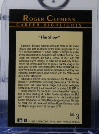 1992 FLEER BASEBALL ROGER CLEMENS CAREER HIGHLIGHTS # 3 BOSTON RED SOX