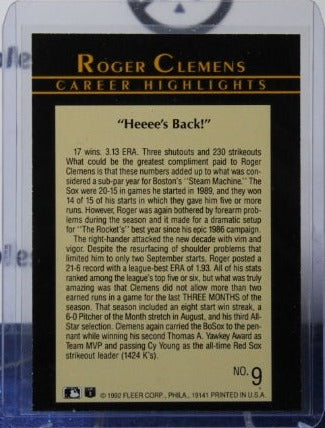 1992 FLEER BASEBALL ROGER CLEMENS CAREER HIGHLIGHTS # 9 BOSTON RED SOX