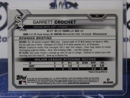 2021  BOWMAN CHROME GARRETT CROCHET # 63 BLUE 038/150 CHICAGO WHITE SOX  BASEBALL