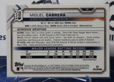 2021 BOWMAN CHROME MIGUEL CABRERA # 44 DETROIT TIGERS BASEBALL