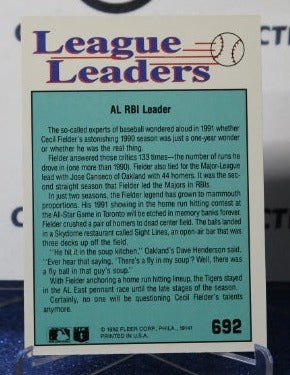 1992 FLEER LEAGUE LEADER CECIL FIELDER # 692 DETROIT TIGERS BASEBALL