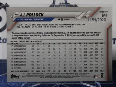 2020 TOPPS A.J. POLLOCK # 641 GOLD 1184/2020 LOS ANGELES DODGERS BASEBALL