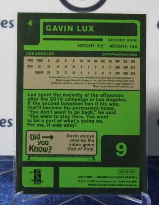 2020 PANINI CHRONICLES CLASSIC GAVIN LUX # 4 ROOKIE LOS ANGELES DODGERS BASEBALL