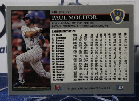 1992 LEAF PAUL MOLITOR # 238 MILWAUKEE BREWERS  BASEBALL CARD