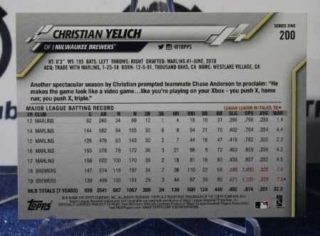 2020 TOPPS  CHRISTIAN YELICH # 200  MILWAUKEE BREWERS  BASEBALL CARD