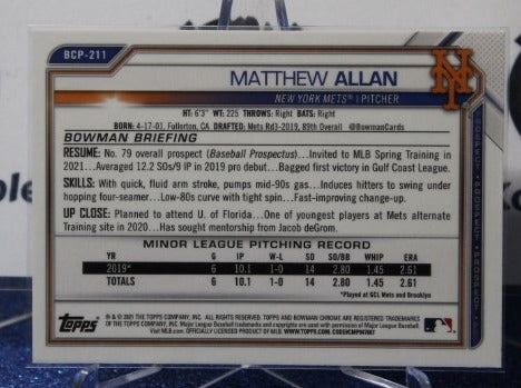 2021 BOWMAN CHROME MATTHEW ALLAN # BCP-211 NEW YORK METS BASEBALL