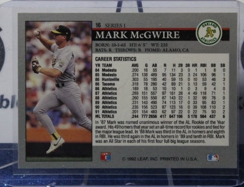 1992 LEAF MARK McGWIRE #16 OAKLAND ATHLETICS BASEBALL CARD