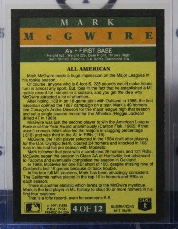 1991 FLEER BASEBALL MARK McGWIRE # 4 OF 12 ALL AMERICAN OAKLAND ATHLETICS