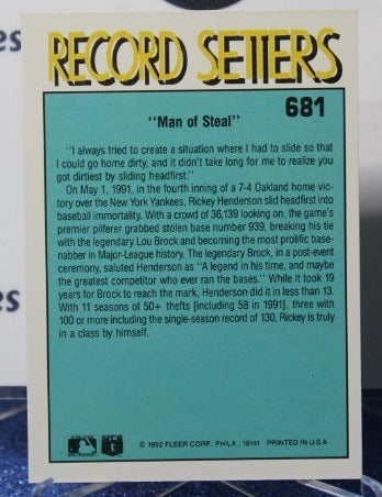 1992 FLEER RECORD SETTERS RICKEY HENDERSON # 681 OAKLAND ATHLETICS BASEBALL CARD