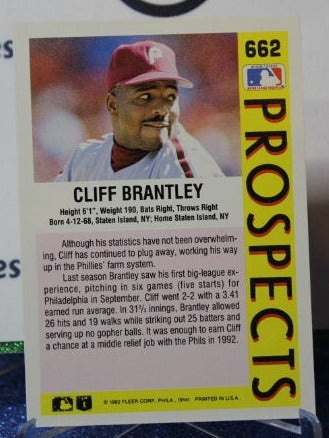 1992 FLEER PROSPECTS CLIFF BRANTLEY # 662 PHILADELPHIA  PHILLIES BASEBALL CARD