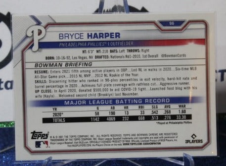 2021 BOWMAN CHROME  BRYCE HARPER # 96  Philadelphia Phillies BASEBALL CARD