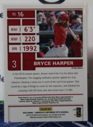 2020 PANINI CHRONICLES CONTENDERS BRYCE HARPER # 16 SILVER PRIZM  Philadelphia Phillies BASEBALL CARD