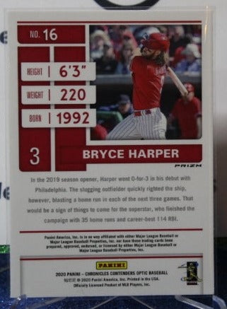 2020 PANINI CHRONICLES CONTENDERS BRYCE HARPER # 16 SILVER PRIZM Philadelphia Phillies BASEBALL CARD