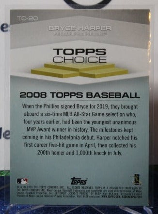 2020 TOPPS  CHOICE BRYCE HARPER # TC-20  Philadelphia Phillies BASEBALL CARD
