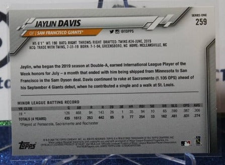 2020 TOPPS JAYLIN DAVIS # 259 ROOKIE SAN FRANCISCO GIANTS BASEBALL CARD