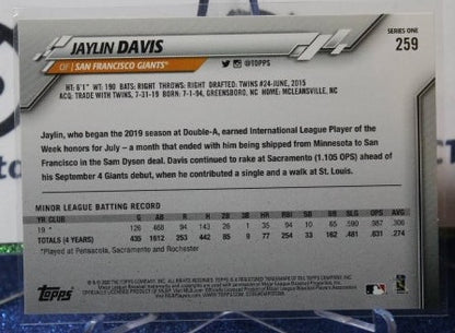 2020 TOPPS JAYLIN DAVIS # 259 ROOKIE SAN FRANCISCO GIANTS BASEBALL CARD