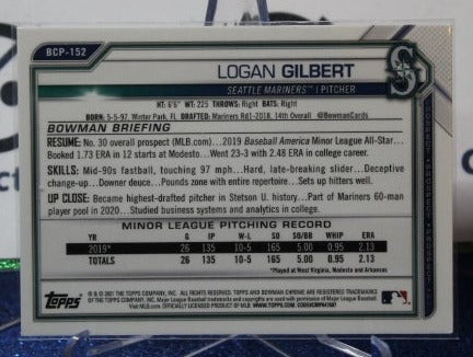 2021 BOWMAN CHROME PROSPECTS LOGAN GILBERT # BCP-152 SEATTLE MARINERS BASEBALL CARD