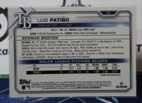 2021 BOWMAN CHROME LUIS PATINO # 62 ROOKIE TAMPA BAY RAYS CARD