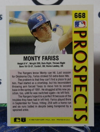 1992 FLEER PROSPECTS MONTY FARISS # 668 TEXAS RANGERS BASEBALL CARD