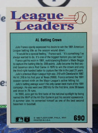 1992 FLEER LEAGUE LEADERS JULIO FRANCO # 690 TEXAS RANGERS BASEBALL CARD