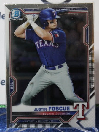 2021 BOWMAN CHROME JUSTIN FOSCUE # BCP-242 PROSPECTS  TEXAS RANGERS BASEBALL CARD