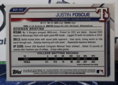 2021 BOWMAN CHROME JUSTIN FOSCUE # BCP-242 PROSPECTS  TEXAS RANGERS BASEBALL CARD