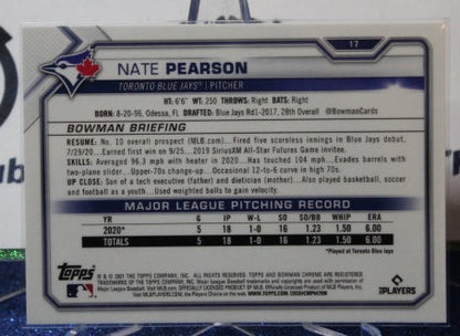 2021 BOWMAN CHROME NATE PEARSON  # 17 ROOKIE TORONTO BLUE JAYS BASEBALL