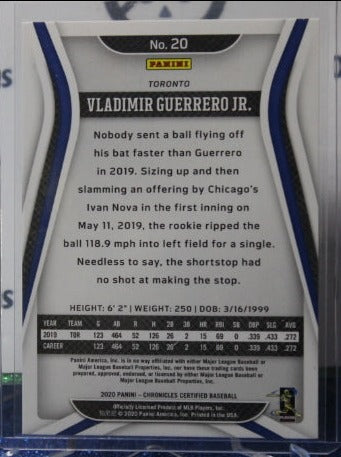 2020 PANINI CHRONICLES CERTIFIED VLADIMIR GUERRERO JR. #  20 GREEN  TORONTO BLUE JAYS BASEBALL
