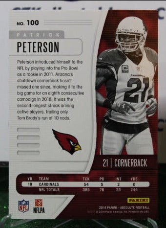 2019 PANINI ABSOLUTE PATRICK PETERSON # 100 GREEN NFL CARDINALS GRIDIRON CARD