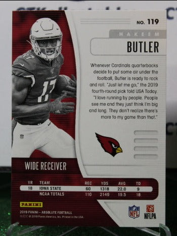 2019 PANINI ABSOLUTE HAKEEM BUTLER # 119 ROOKIE NFL CARDINALS GRIDIRON CARD