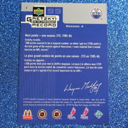 1999 WAYNE GRETZKY # 4  McDONALD'S PERFORMANCE RECORD FOIL UPPER DECK OILERS NHL