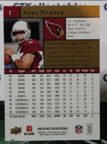 2009 UPPER DECK KURT WARNER # 1 GOLD NFL CARDINALS GRIDIRON CARD