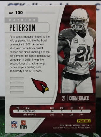2019 PANINI ABSOLUTE PATRICK PETERSON # 100  NFL CARDINALS GRIDIRON CARD
