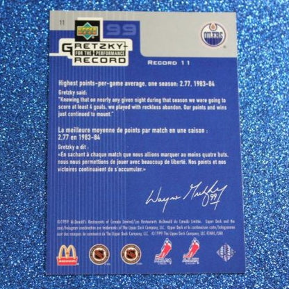 1999 WAYNE GRETZKY # 11  McDONALD'S PERFORMANCE RECORD FOIL UPPER DECK OILERS NHL