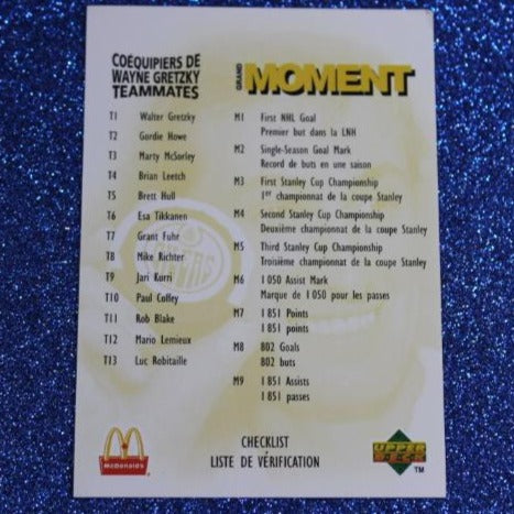 1998 WAYNE GRETZKY # CHECK LIST  McDONALD'S TEAMMATES  FOIL UPPER DECK OILERS / KINGS /  RANGERS NHL