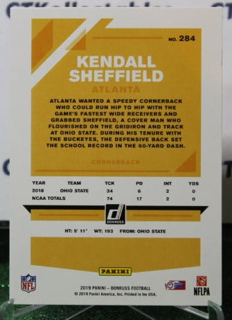 2019 PANINI DUNRUSS KENDALL SHEFFIELD # 284 ROOKIE NFL FALCONS GRIDIRON CARD