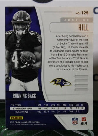 2019 PANINI ABSOLUTE JUSTICE HILL # 125 ROOKIE FOIL NFL RAVENS GRIDIRON CARD