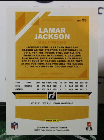 2019 PANINI DONRUSS LAMAR JACKSON  # 25 NFL RAVENS GRIDIRON CARD