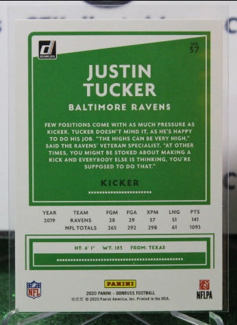 2020 PANINI DONRUSS JUSTIN TUCKER # 37 BLUE PRESS PROOF NFL RAVENS GRIDIRON CARD