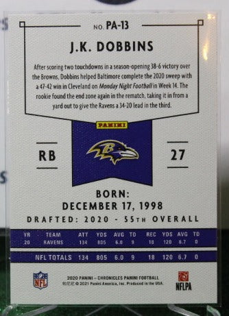 2020 PANINI CHRONICLES J.K. DOBBINS # PA-13 ROOKIE NFL RAVENS GRIDIRON CARD