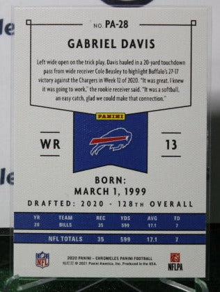 2020 PANINI CHRONICLES GABRIEL DAVIS # PA-28 SILVER ROOKIE NFL BUFFALO BILLS GRIDIRON CARD