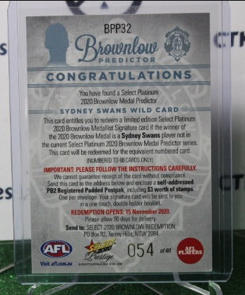 2020 SELECT PRESTIGE AFL WILD CARD # BPP32 PLATINUM BROWNLOW PREDICTOR SYDNEY SWANS