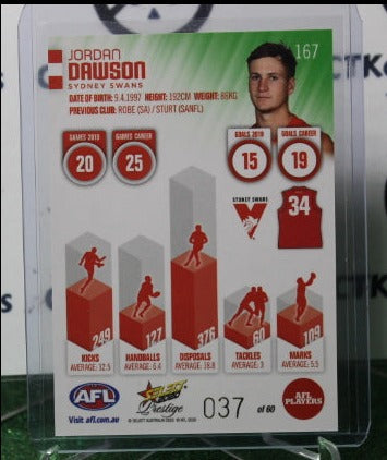 2020 SELECT PRESTIGE AFL JORDAN DAWSON # 167 GREEN SYDNEY SWANS 037/60