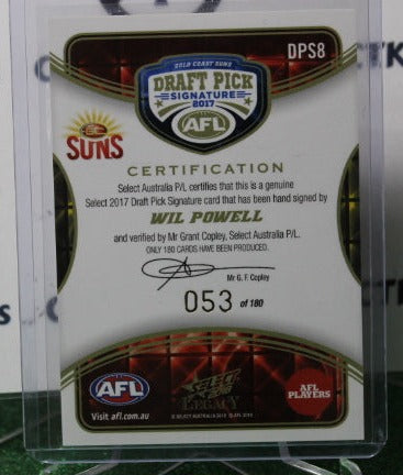 2018 SELECT LEGACY AFL  WIL POWELL  # DPS8  DRAFT PICK SIGNATURE  053/180 GOLD COAST SUNS